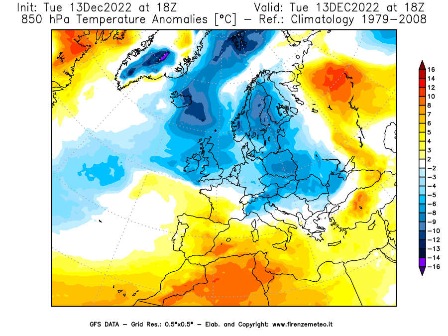 Mappa di analisi GFS - Anomalia Temperatura [°C] a 850 hPa in Europa
							del 13/12/2022 18 <!--googleoff: index-->UTC<!--googleon: index-->