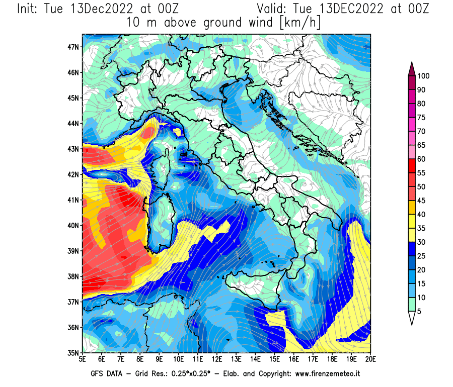 Mappa di analisi GFS - Velocità del vento a 10 metri dal suolo [km/h] in Italia
							del 13/12/2022 00 <!--googleoff: index-->UTC<!--googleon: index-->