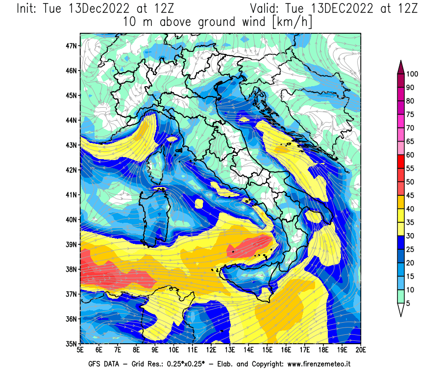 Mappa di analisi GFS - Velocità del vento a 10 metri dal suolo [km/h] in Italia
							del 13/12/2022 12 <!--googleoff: index-->UTC<!--googleon: index-->