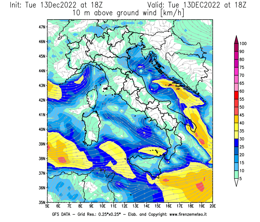 Mappa di analisi GFS - Velocità del vento a 10 metri dal suolo [km/h] in Italia
							del 13/12/2022 18 <!--googleoff: index-->UTC<!--googleon: index-->