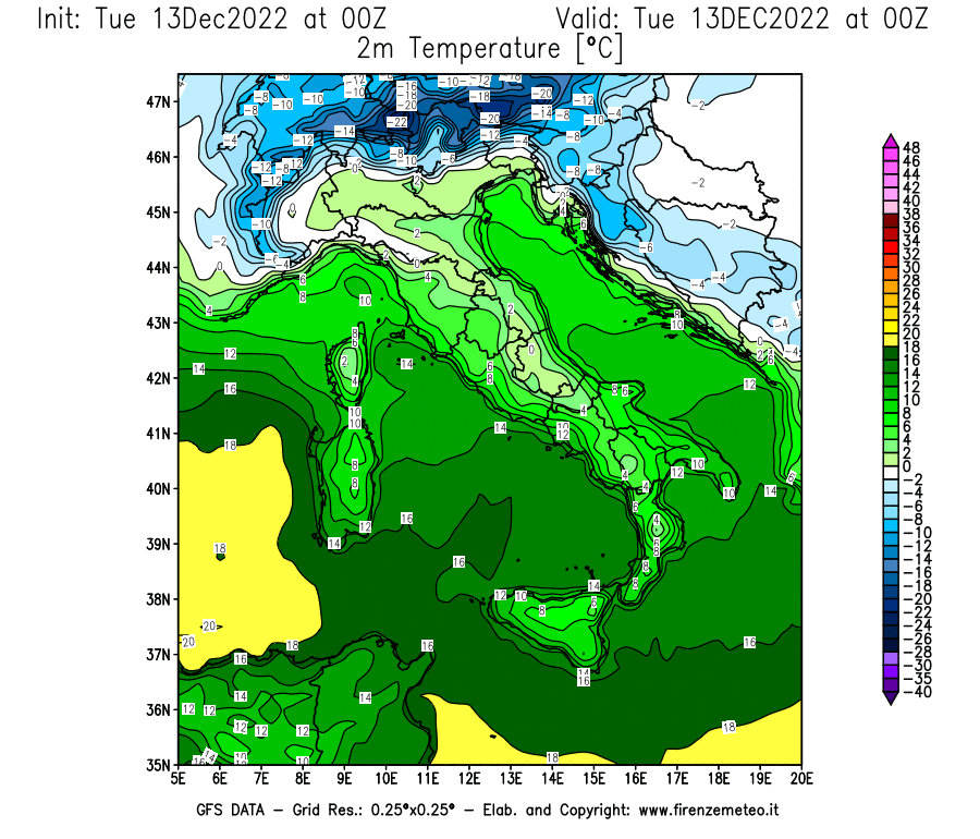 Mappa di analisi GFS - Temperatura a 2 metri dal suolo [°C] in Italia
							del 13/12/2022 00 <!--googleoff: index-->UTC<!--googleon: index-->