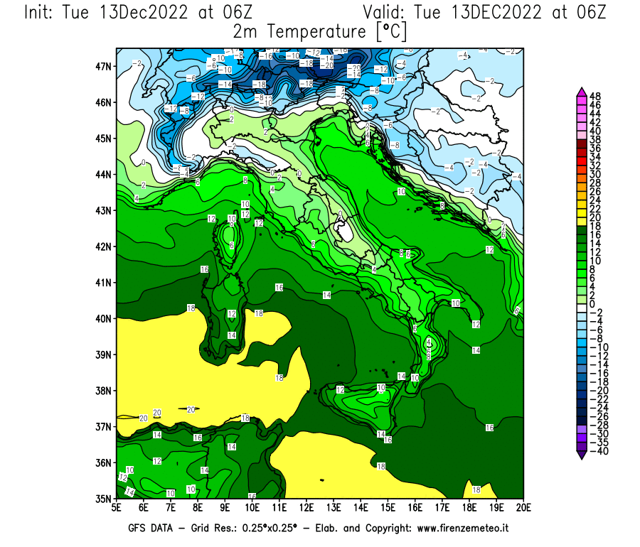 Mappa di analisi GFS - Temperatura a 2 metri dal suolo [°C] in Italia
							del 13/12/2022 06 <!--googleoff: index-->UTC<!--googleon: index-->