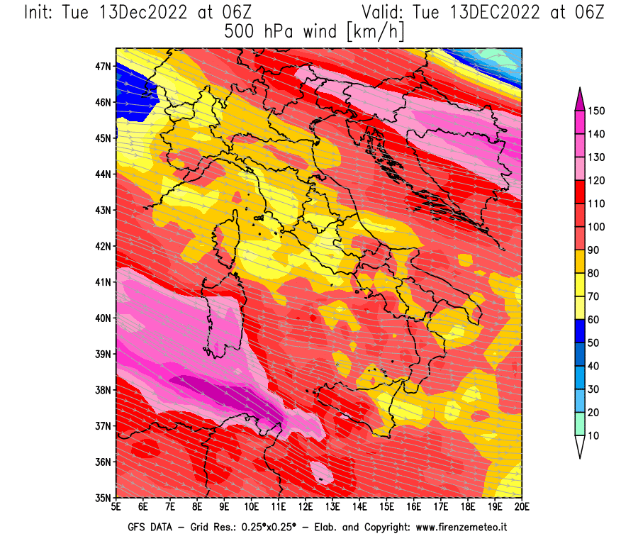 Mappa di analisi GFS - Velocità del vento a 500 hPa [km/h] in Italia
							del 13/12/2022 06 <!--googleoff: index-->UTC<!--googleon: index-->