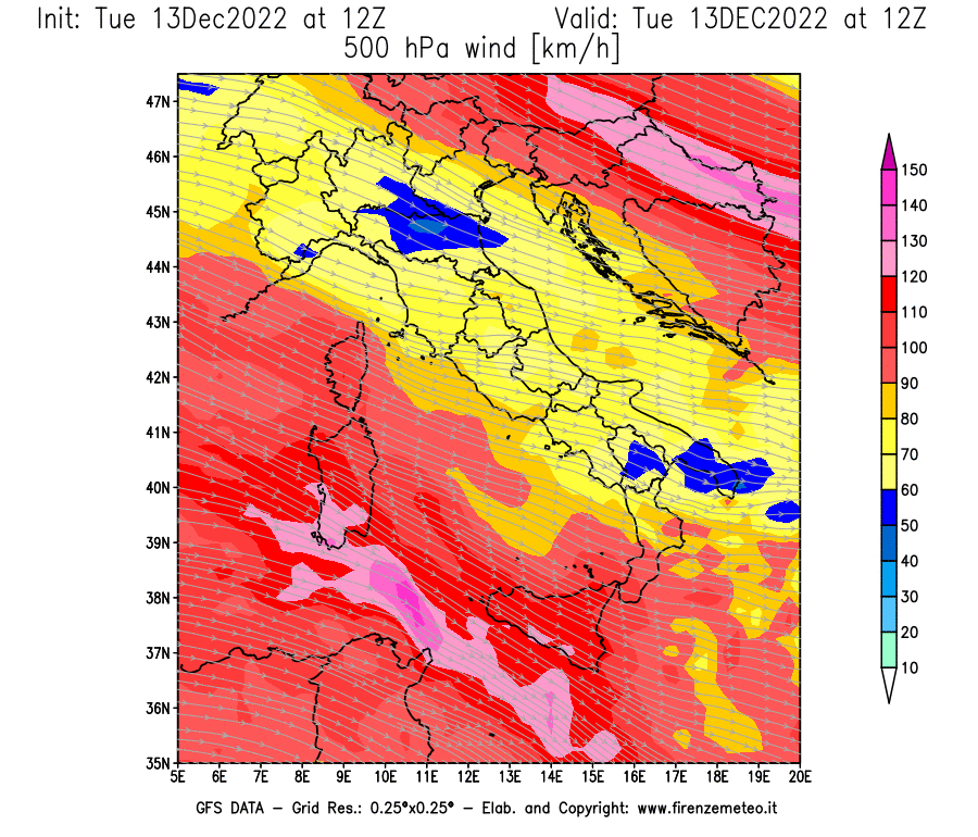Mappa di analisi GFS - Velocità del vento a 500 hPa [km/h] in Italia
							del 13/12/2022 12 <!--googleoff: index-->UTC<!--googleon: index-->