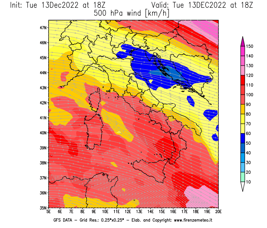 Mappa di analisi GFS - Velocità del vento a 500 hPa [km/h] in Italia
							del 13/12/2022 18 <!--googleoff: index-->UTC<!--googleon: index-->