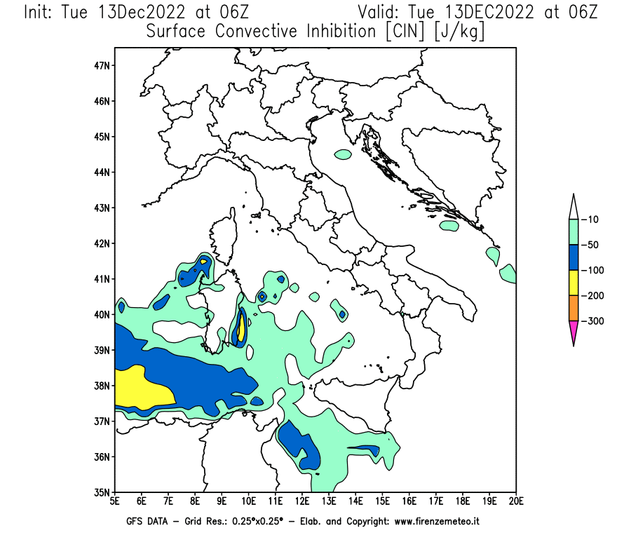 Mappa di analisi GFS - CIN [J/kg] in Italia
							del 13/12/2022 06 <!--googleoff: index-->UTC<!--googleon: index-->