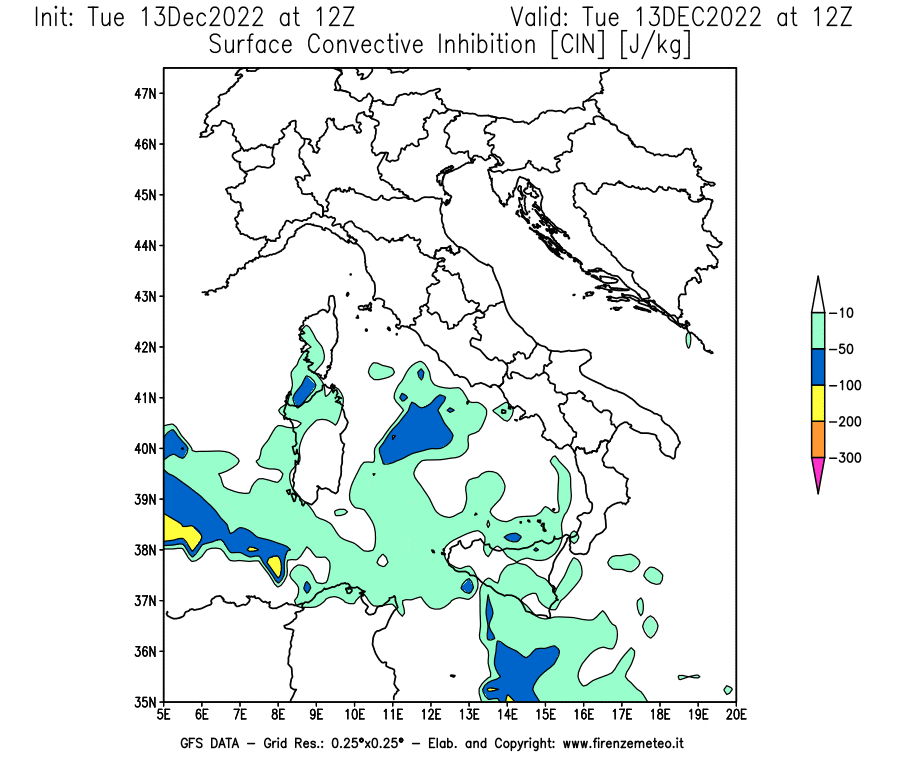Mappa di analisi GFS - CIN [J/kg] in Italia
							del 13/12/2022 12 <!--googleoff: index-->UTC<!--googleon: index-->