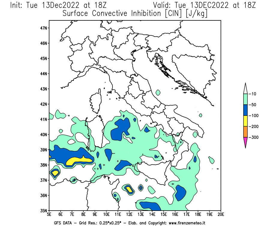 Mappa di analisi GFS - CIN [J/kg] in Italia
							del 13/12/2022 18 <!--googleoff: index-->UTC<!--googleon: index-->