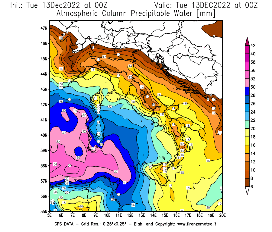 Mappa di analisi GFS - Precipitable Water [mm] in Italia
							del 13/12/2022 00 <!--googleoff: index-->UTC<!--googleon: index-->