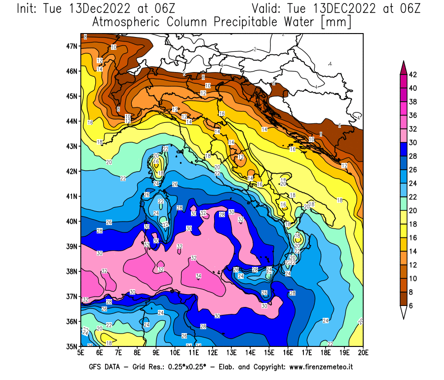 Mappa di analisi GFS - Precipitable Water [mm] in Italia
							del 13/12/2022 06 <!--googleoff: index-->UTC<!--googleon: index-->