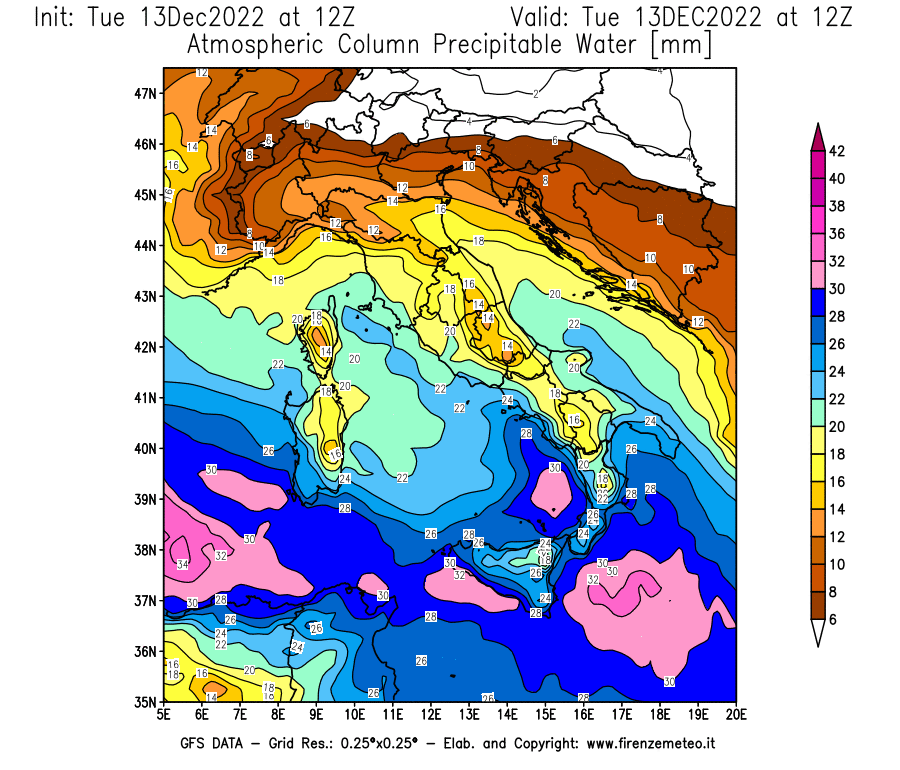 Mappa di analisi GFS - Precipitable Water [mm] in Italia
							del 13/12/2022 12 <!--googleoff: index-->UTC<!--googleon: index-->