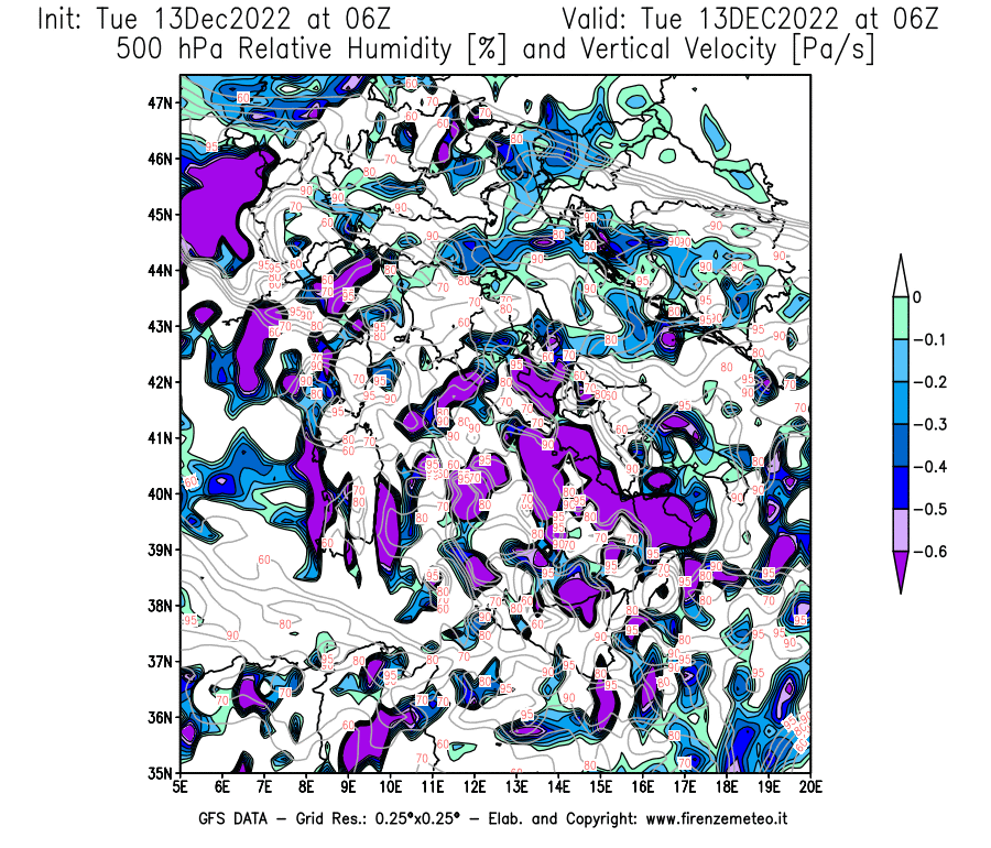 Mappa di analisi GFS - Umidità relativa [%] e Omega [Pa/s] a 500 hPa in Italia
							del 13/12/2022 06 <!--googleoff: index-->UTC<!--googleon: index-->