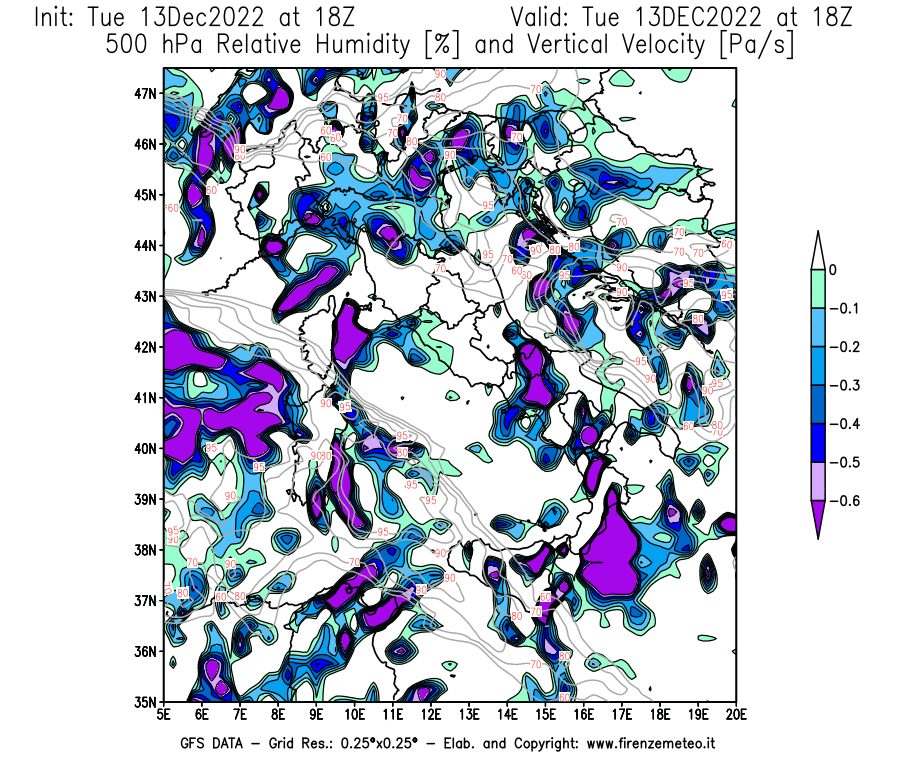 Mappa di analisi GFS - Umidità relativa [%] e Omega [Pa/s] a 500 hPa in Italia
							del 13/12/2022 18 <!--googleoff: index-->UTC<!--googleon: index-->