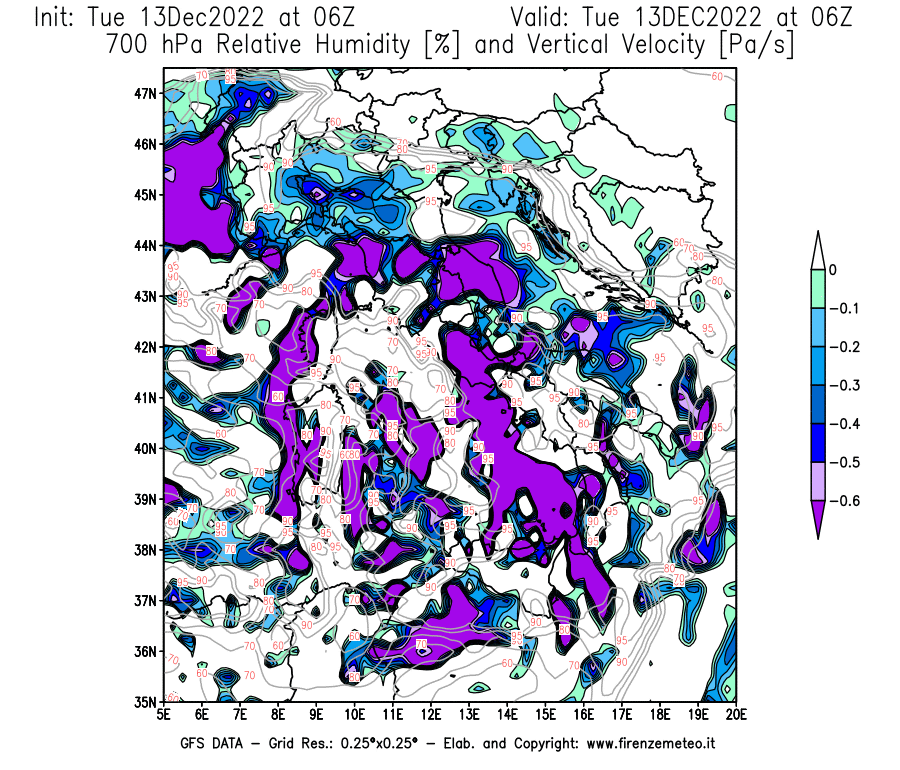 Mappa di analisi GFS - Umidità relativa [%] e Omega [Pa/s] a 700 hPa in Italia
							del 13/12/2022 06 <!--googleoff: index-->UTC<!--googleon: index-->