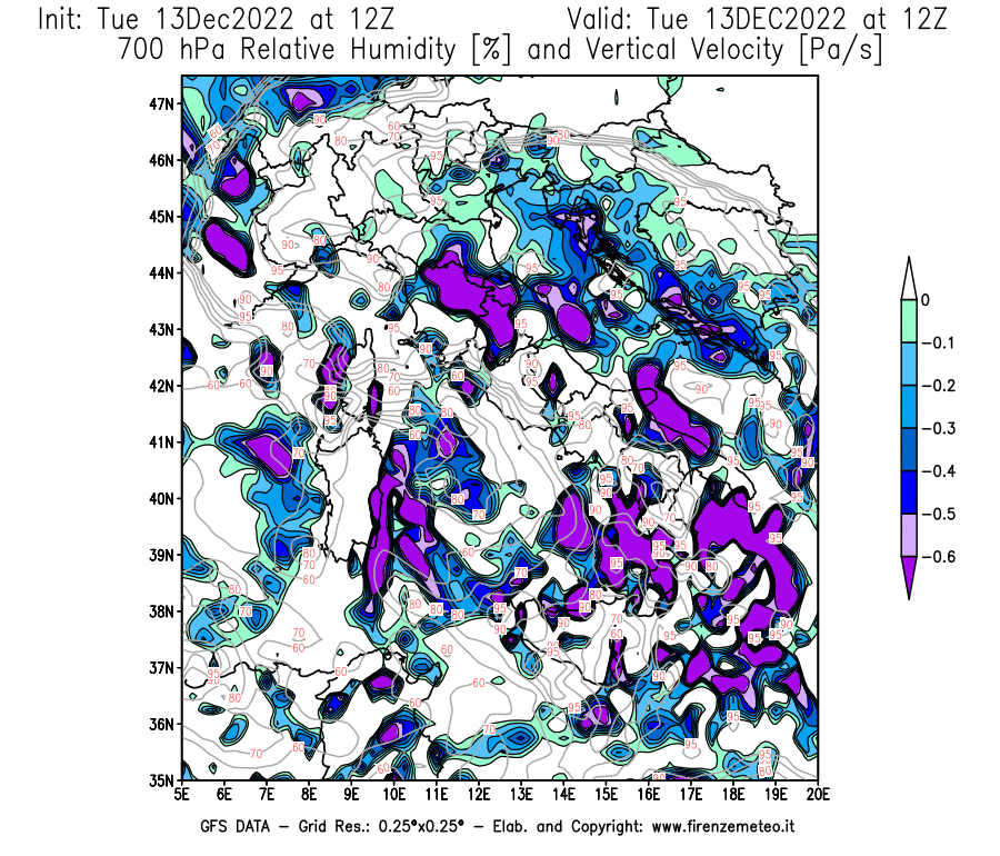 Mappa di analisi GFS - Umidità relativa [%] e Omega [Pa/s] a 700 hPa in Italia
							del 13/12/2022 12 <!--googleoff: index-->UTC<!--googleon: index-->