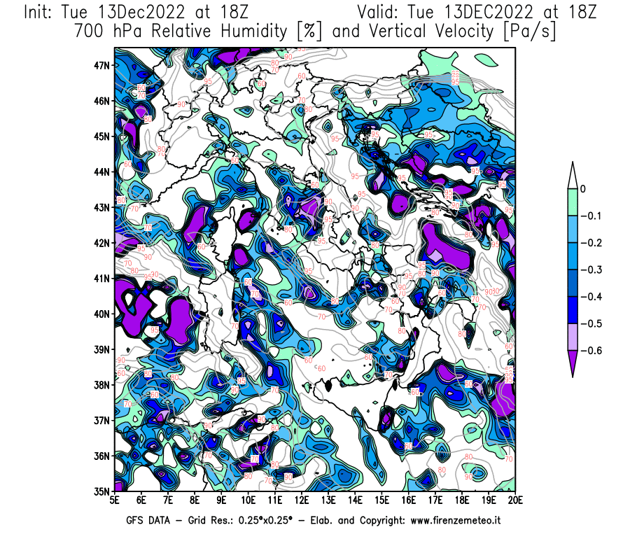 Mappa di analisi GFS - Umidità relativa [%] e Omega [Pa/s] a 700 hPa in Italia
							del 13/12/2022 18 <!--googleoff: index-->UTC<!--googleon: index-->