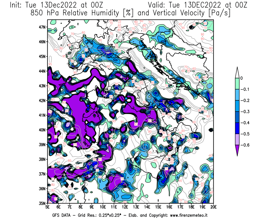 Mappa di analisi GFS - Umidità relativa [%] e Omega [Pa/s] a 850 hPa in Italia
							del 13/12/2022 00 <!--googleoff: index-->UTC<!--googleon: index-->