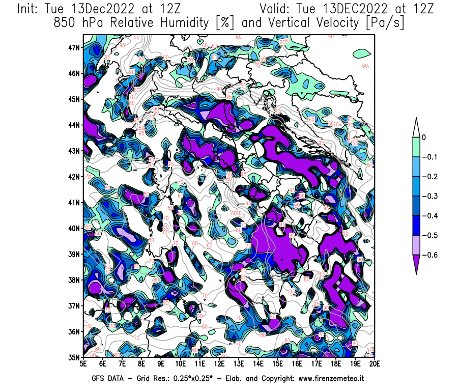 Mappa di analisi GFS - Umidità relativa [%] e Omega [Pa/s] a 850 hPa in Italia
							del 13/12/2022 12 <!--googleoff: index-->UTC<!--googleon: index-->