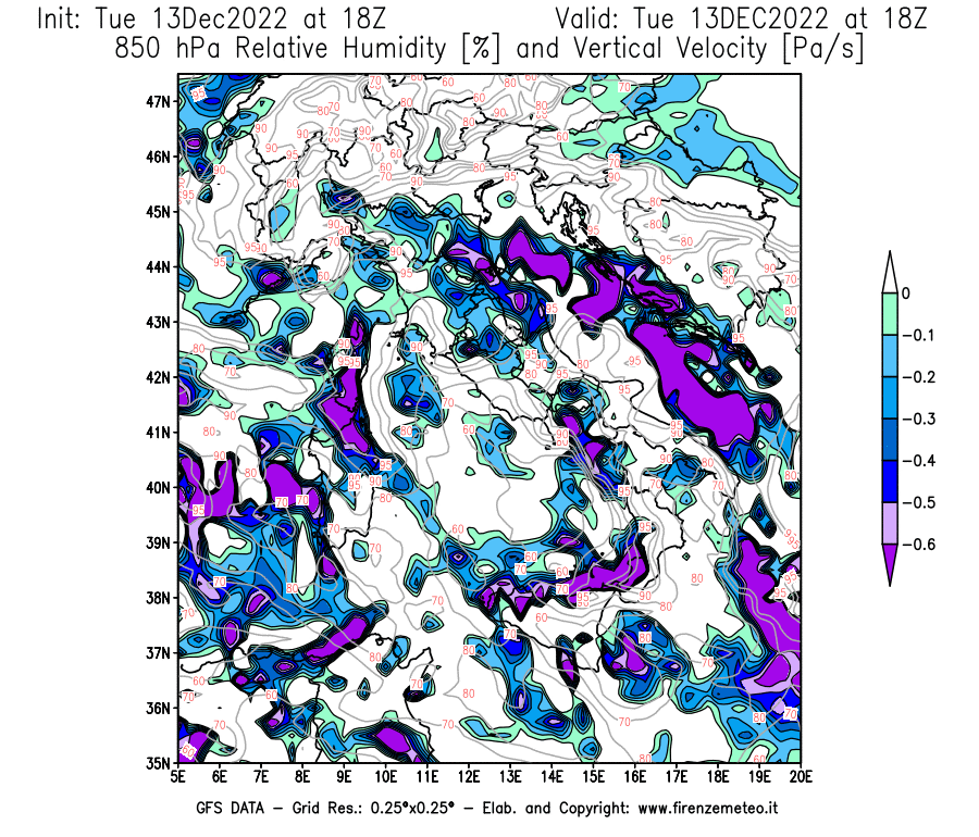 Mappa di analisi GFS - Umidità relativa [%] e Omega [Pa/s] a 850 hPa in Italia
							del 13/12/2022 18 <!--googleoff: index-->UTC<!--googleon: index-->