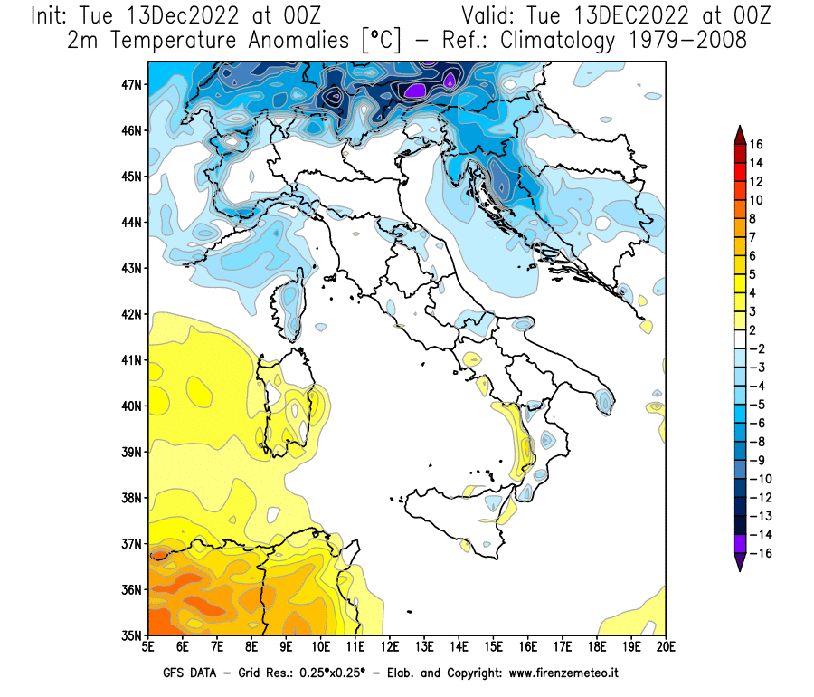 Mappa di analisi GFS - Anomalia Temperatura [°C] a 2 m in Italia
							del 13/12/2022 00 <!--googleoff: index-->UTC<!--googleon: index-->