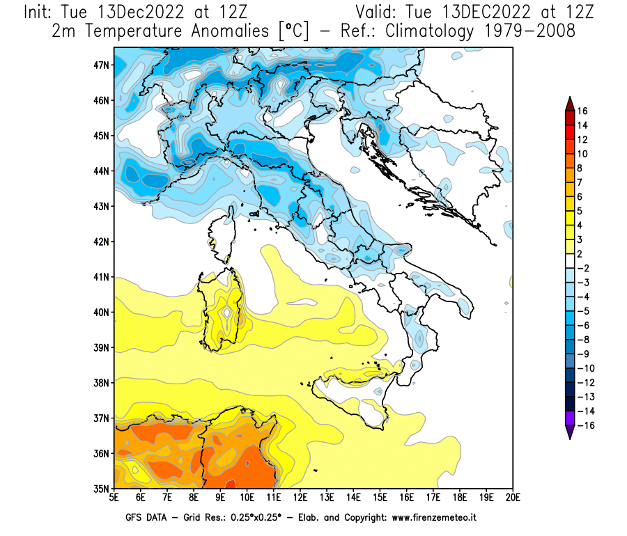 Mappa di analisi GFS - Anomalia Temperatura [°C] a 2 m in Italia
							del 13/12/2022 12 <!--googleoff: index-->UTC<!--googleon: index-->