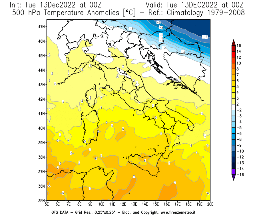 Mappa di analisi GFS - Anomalia Temperatura [°C] a 500 hPa in Italia
							del 13/12/2022 00 <!--googleoff: index-->UTC<!--googleon: index-->