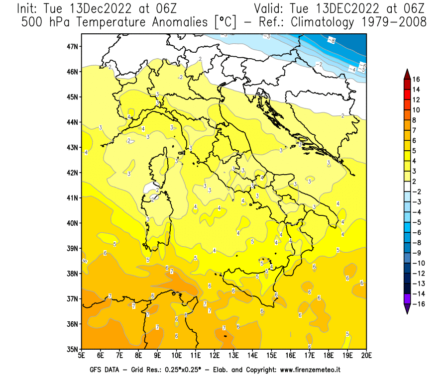 Mappa di analisi GFS - Anomalia Temperatura [°C] a 500 hPa in Italia
							del 13/12/2022 06 <!--googleoff: index-->UTC<!--googleon: index-->