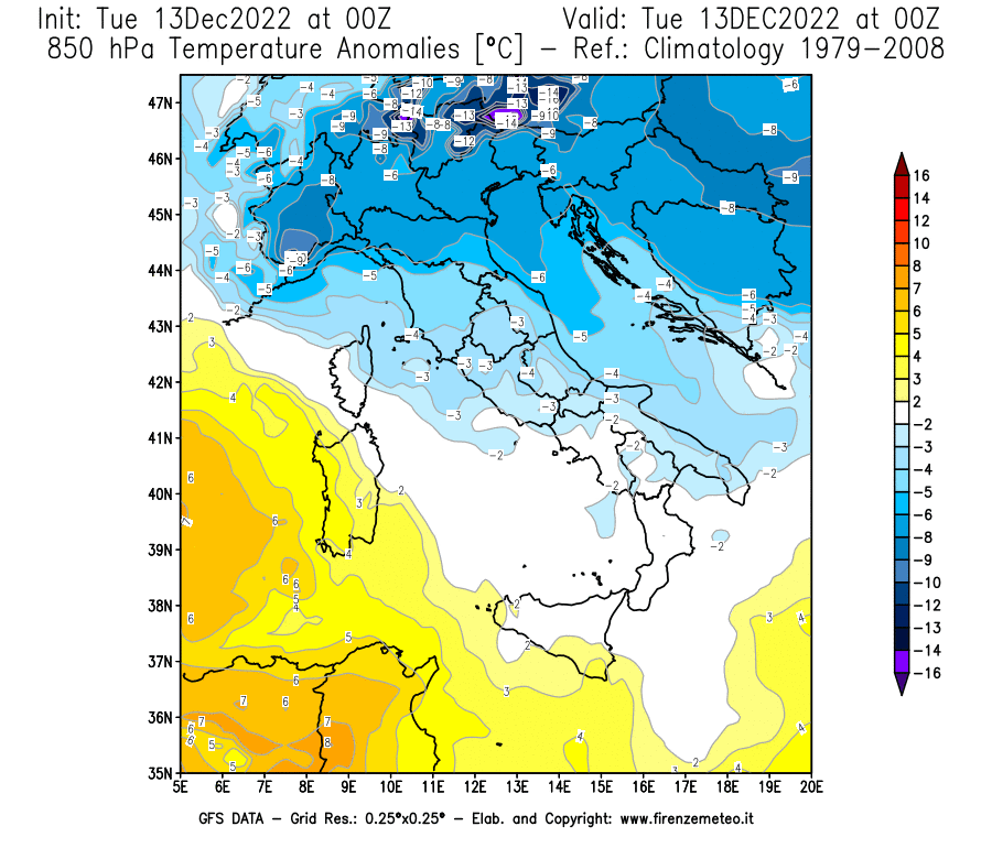 Mappa di analisi GFS - Anomalia Temperatura [°C] a 850 hPa in Italia
							del 13/12/2022 00 <!--googleoff: index-->UTC<!--googleon: index-->