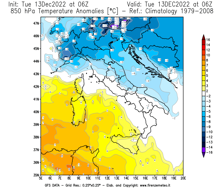 Mappa di analisi GFS - Anomalia Temperatura [°C] a 850 hPa in Italia
							del 13/12/2022 06 <!--googleoff: index-->UTC<!--googleon: index-->
