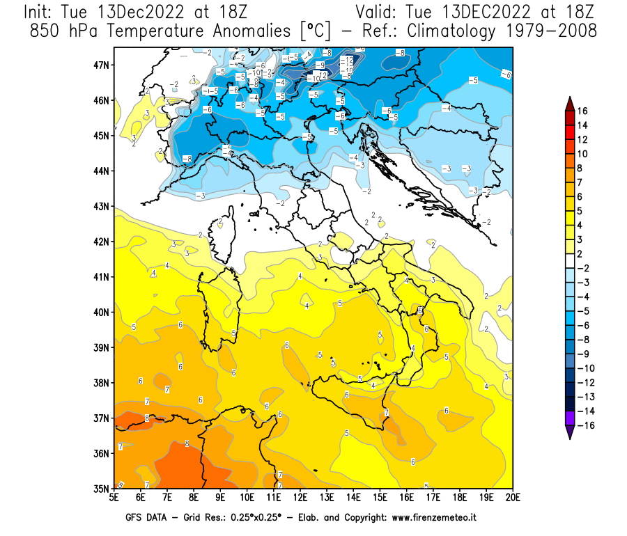 Mappa di analisi GFS - Anomalia Temperatura [°C] a 850 hPa in Italia
							del 13/12/2022 18 <!--googleoff: index-->UTC<!--googleon: index-->