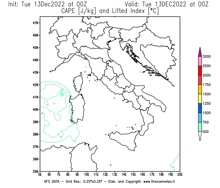 Mappa di analisi GFS - CAPE [J/kg] e Lifted Index [°C] in Italia
							del 13/12/2022 00 <!--googleoff: index-->UTC<!--googleon: index-->