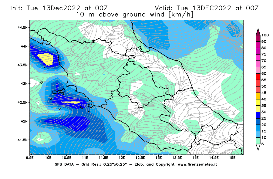 Mappa di analisi GFS - Velocità del vento a 10 metri dal suolo [km/h] in Centro-Italia
							del 13/12/2022 00 <!--googleoff: index-->UTC<!--googleon: index-->