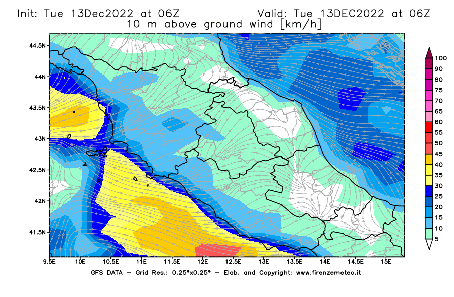 Mappa di analisi GFS - Velocità del vento a 10 metri dal suolo [km/h] in Centro-Italia
							del 13/12/2022 06 <!--googleoff: index-->UTC<!--googleon: index-->