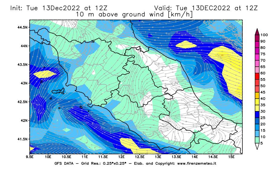 Mappa di analisi GFS - Velocità del vento a 10 metri dal suolo [km/h] in Centro-Italia
							del 13/12/2022 12 <!--googleoff: index-->UTC<!--googleon: index-->