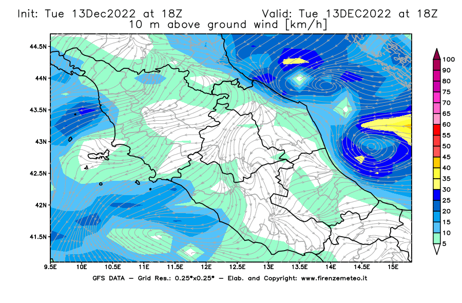 Mappa di analisi GFS - Velocità del vento a 10 metri dal suolo [km/h] in Centro-Italia
							del 13/12/2022 18 <!--googleoff: index-->UTC<!--googleon: index-->