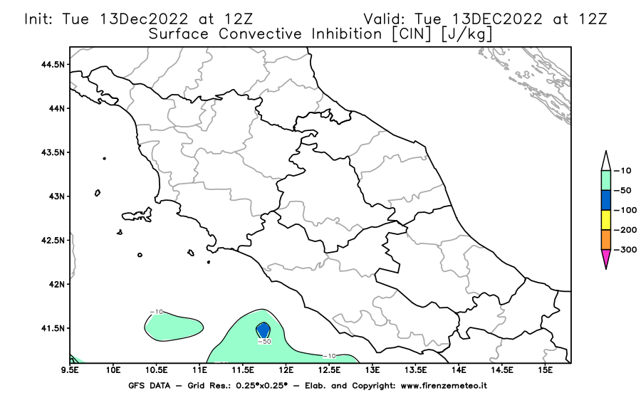 Mappa di analisi GFS - CIN [J/kg] in Centro-Italia
							del 13/12/2022 12 <!--googleoff: index-->UTC<!--googleon: index-->
