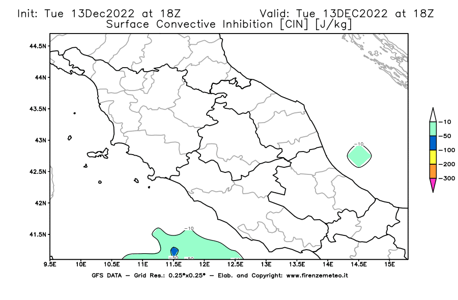 Mappa di analisi GFS - CIN [J/kg] in Centro-Italia
							del 13/12/2022 18 <!--googleoff: index-->UTC<!--googleon: index-->
