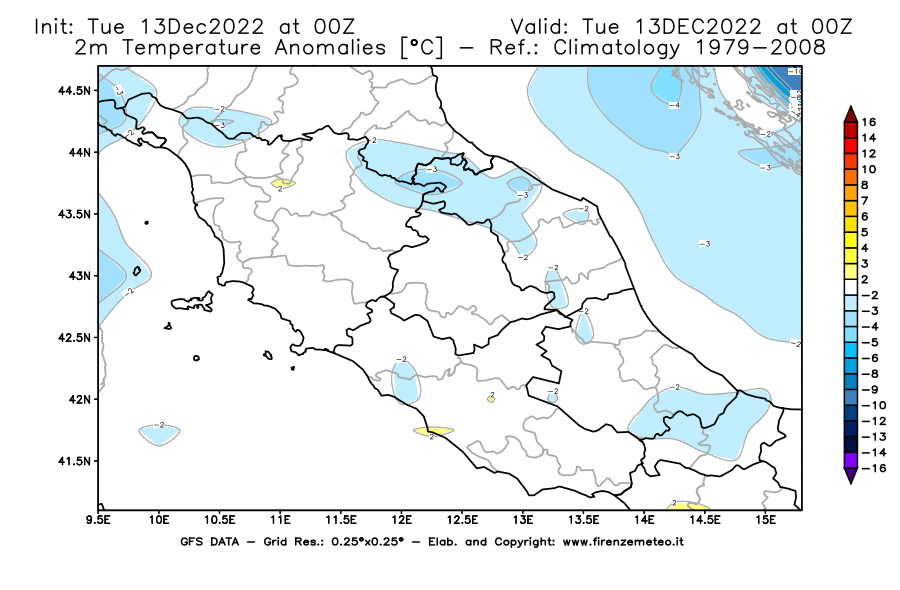Mappa di analisi GFS - Anomalia Temperatura [°C] a 2 m in Centro-Italia
							del 13/12/2022 00 <!--googleoff: index-->UTC<!--googleon: index-->