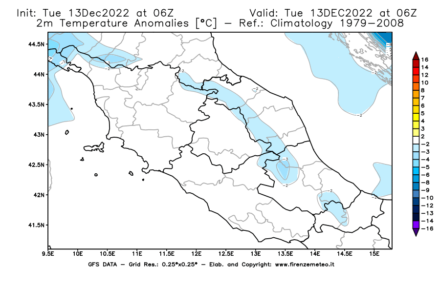 Mappa di analisi GFS - Anomalia Temperatura [°C] a 2 m in Centro-Italia
							del 13/12/2022 06 <!--googleoff: index-->UTC<!--googleon: index-->