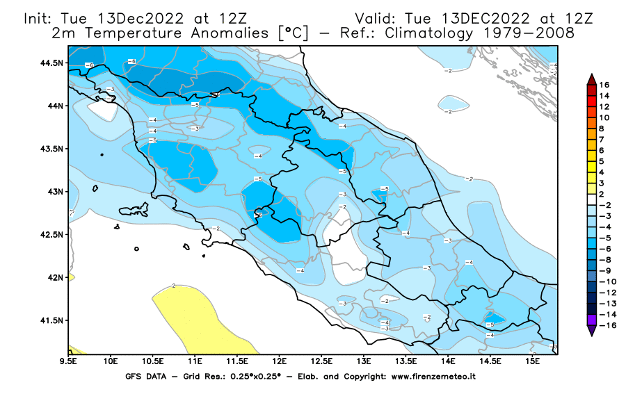 Mappa di analisi GFS - Anomalia Temperatura [°C] a 2 m in Centro-Italia
							del 13/12/2022 12 <!--googleoff: index-->UTC<!--googleon: index-->