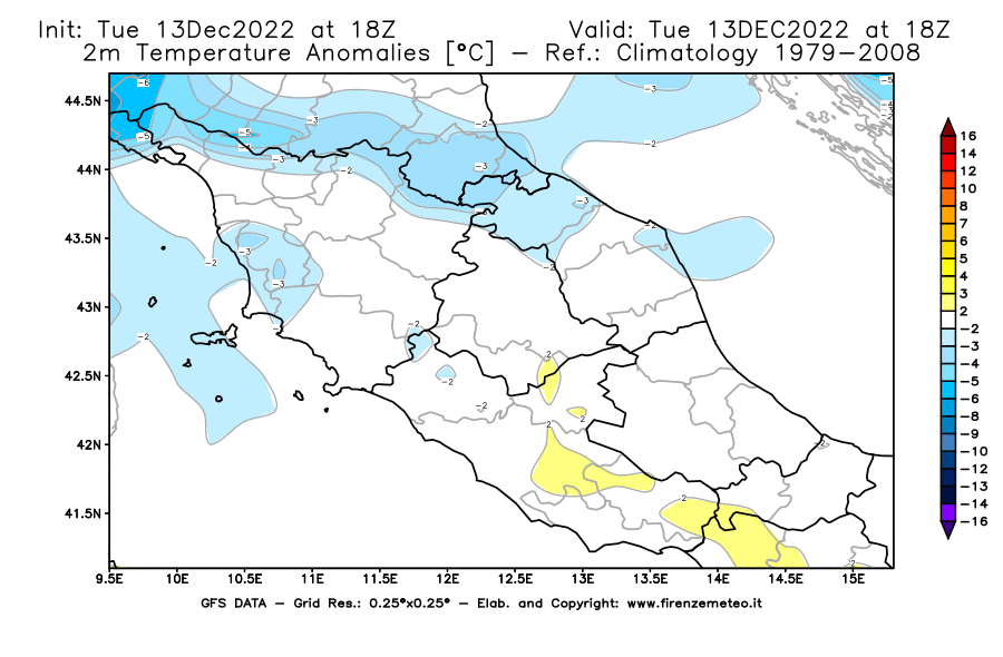 Mappa di analisi GFS - Anomalia Temperatura [°C] a 2 m in Centro-Italia
							del 13/12/2022 18 <!--googleoff: index-->UTC<!--googleon: index-->