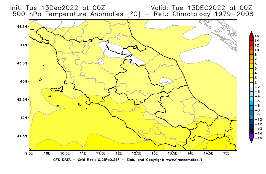 Mappa di analisi GFS - Anomalia Temperatura [°C] a 500 hPa in Centro-Italia
							del 13/12/2022 00 <!--googleoff: index-->UTC<!--googleon: index-->