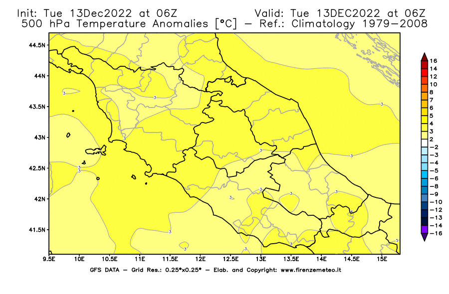 Mappa di analisi GFS - Anomalia Temperatura [°C] a 500 hPa in Centro-Italia
							del 13/12/2022 06 <!--googleoff: index-->UTC<!--googleon: index-->