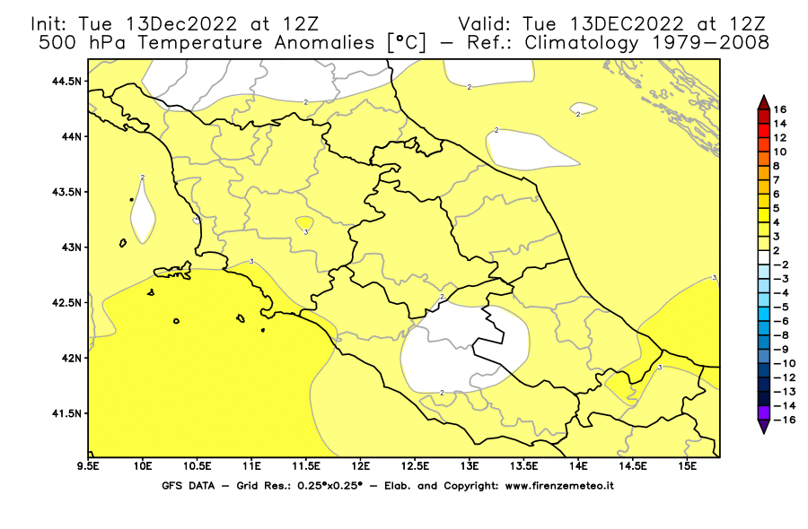 Mappa di analisi GFS - Anomalia Temperatura [°C] a 500 hPa in Centro-Italia
							del 13/12/2022 12 <!--googleoff: index-->UTC<!--googleon: index-->