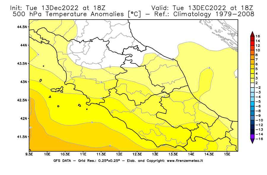 Mappa di analisi GFS - Anomalia Temperatura [°C] a 500 hPa in Centro-Italia
							del 13/12/2022 18 <!--googleoff: index-->UTC<!--googleon: index-->