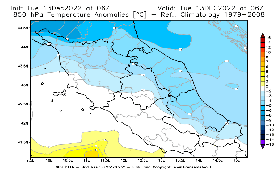 Mappa di analisi GFS - Anomalia Temperatura [°C] a 850 hPa in Centro-Italia
							del 13/12/2022 06 <!--googleoff: index-->UTC<!--googleon: index-->