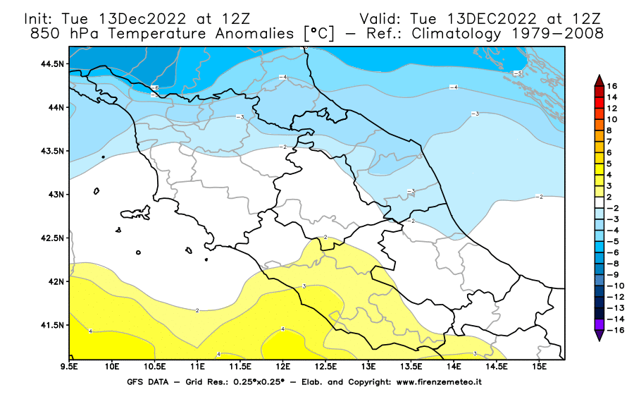 Mappa di analisi GFS - Anomalia Temperatura [°C] a 850 hPa in Centro-Italia
							del 13/12/2022 12 <!--googleoff: index-->UTC<!--googleon: index-->