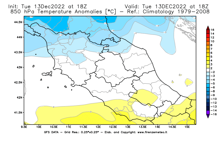 Mappa di analisi GFS - Anomalia Temperatura [°C] a 850 hPa in Centro-Italia
							del 13/12/2022 18 <!--googleoff: index-->UTC<!--googleon: index-->