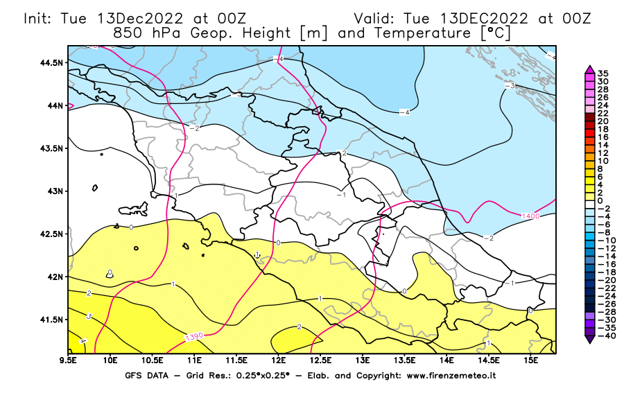 Mappa di analisi GFS - Geopotenziale [m] e Temperatura [°C] a 850 hPa in Centro-Italia
							del 13/12/2022 00 <!--googleoff: index-->UTC<!--googleon: index-->