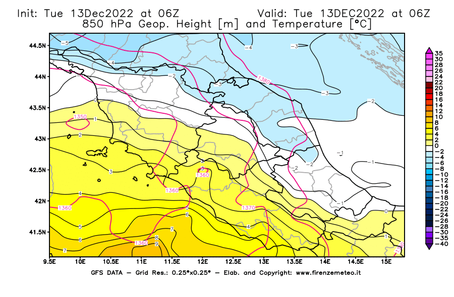 Mappa di analisi GFS - Geopotenziale [m] e Temperatura [°C] a 850 hPa in Centro-Italia
							del 13/12/2022 06 <!--googleoff: index-->UTC<!--googleon: index-->